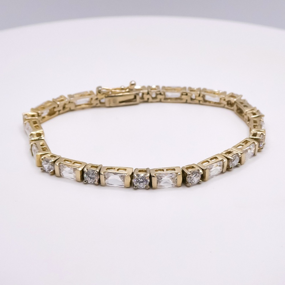 Vintage Y2K Sterling Silver Tennis Bracelet Flush Set 7" Emerald-Cut CZ